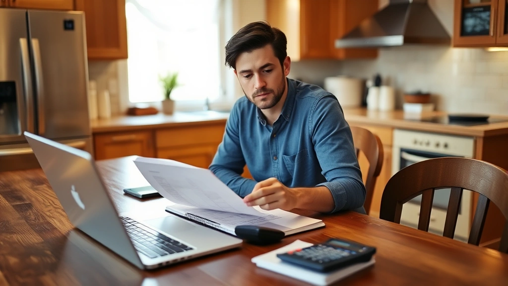 A person sitting at a kitchen table with a laptop, notebook, and calculator, looking focused and determined while reviewing their monthly budget. Warm, natural lighting. They appear calm and in control, not stressed.