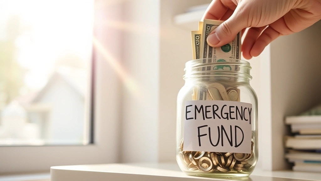 A close-up of a hand placing money into a glass jar labeled 'Emergency Fund' on a shelf. The jar is partially filled with cash. Sunlight streaming through a window. Represents saving and financial security.