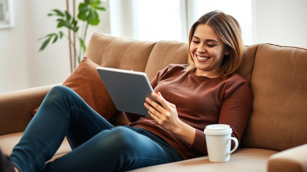 A young professional sitting on a comfortable couch with a tablet, looking at an investment app with a smile. A cup of coffee nearby. Represents accessible investing and financial confidence for everyday people.