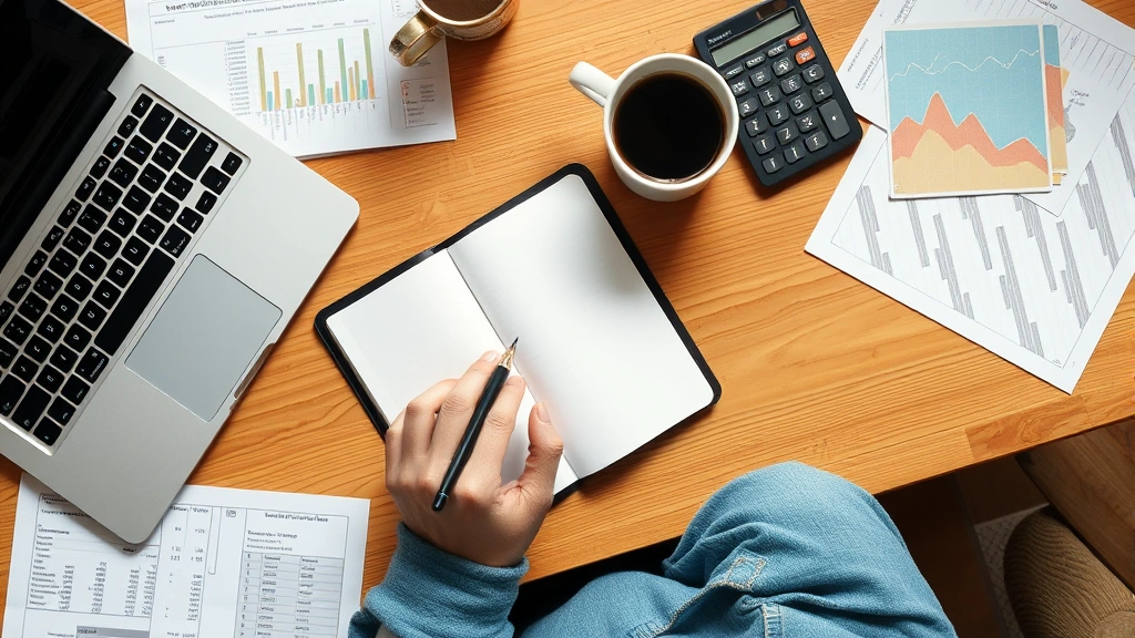 Overhead shot of person writing in a notebook at a desk with coffee and a laptop, budgeting paperwork and calculator visible, natural morning light, warm and approachable atmosphere