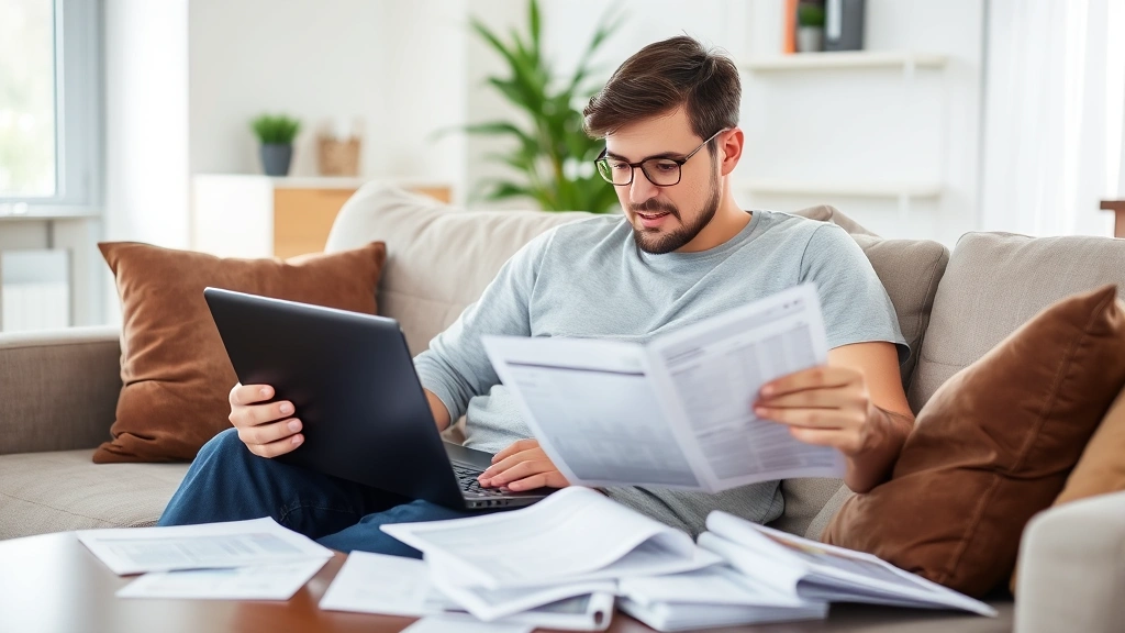 Young adult reviewing bank statements on laptop while sitting on a comfortable couch with financial documents scattered nearby, focused but relaxed expression, modern home setting