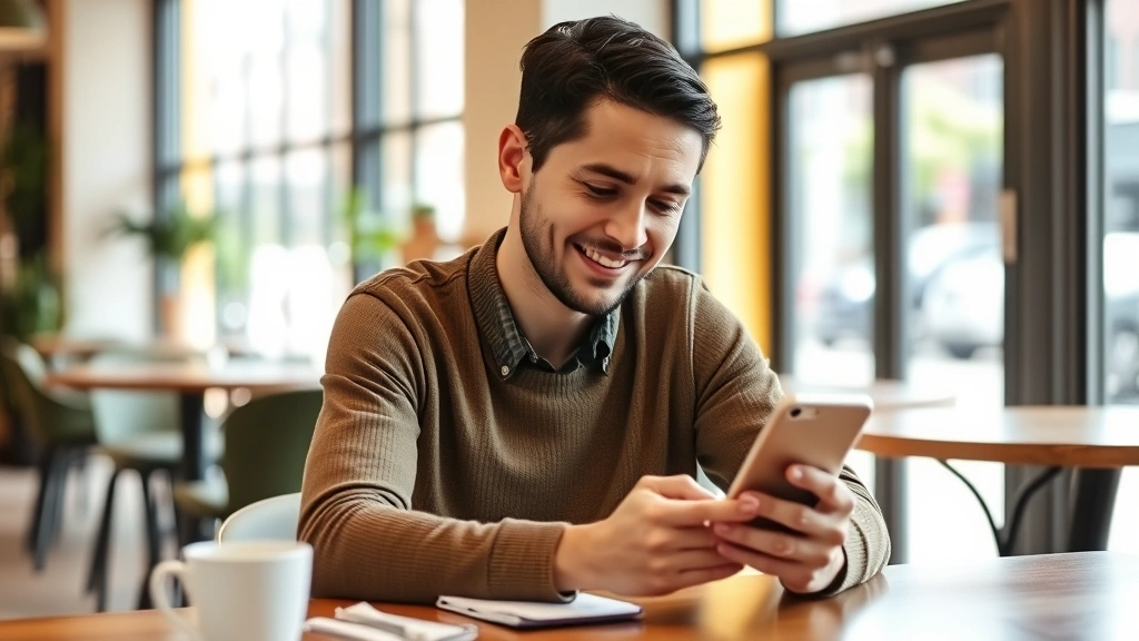 Person checking phone with satisfied expression while sitting in a coffee shop, representing financial peace of mind and checking budget progress, natural daylight through windows