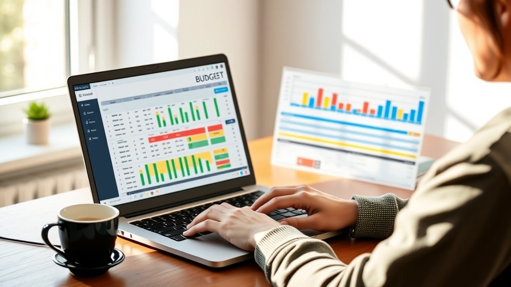 A person sitting at a desk with a laptop, reviewing a colorful budget spreadsheet or financial dashboard on screen, natural sunlight, coffee cup nearby, focused expression