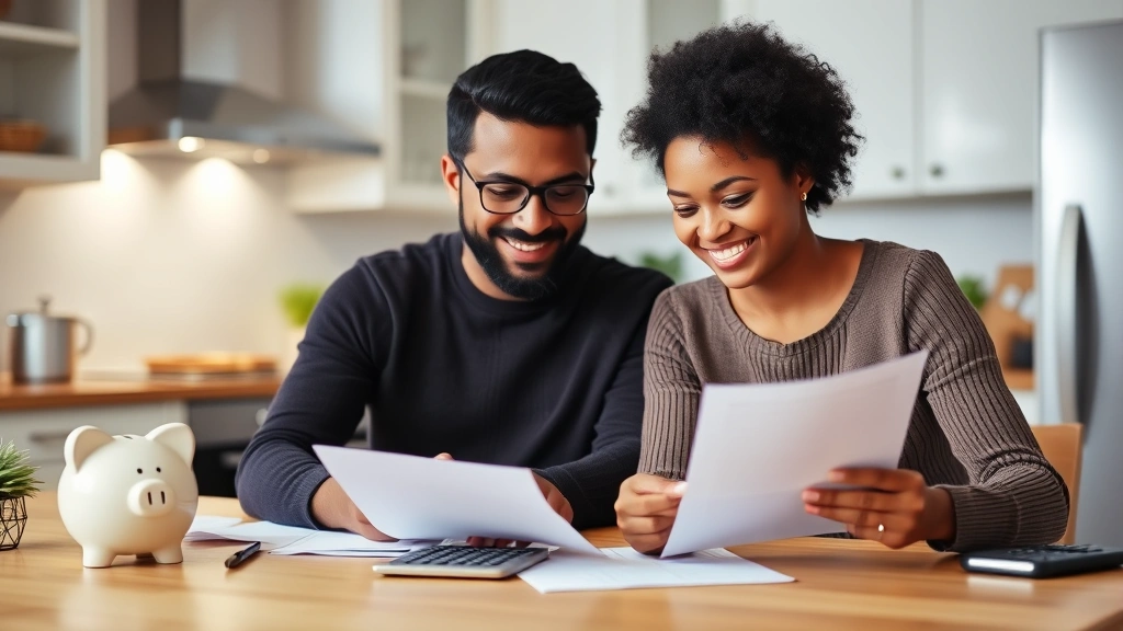 A diverse couple reviewing financial documents together at a kitchen table, smiling, with a piggy bank and calculator visible, warm home setting