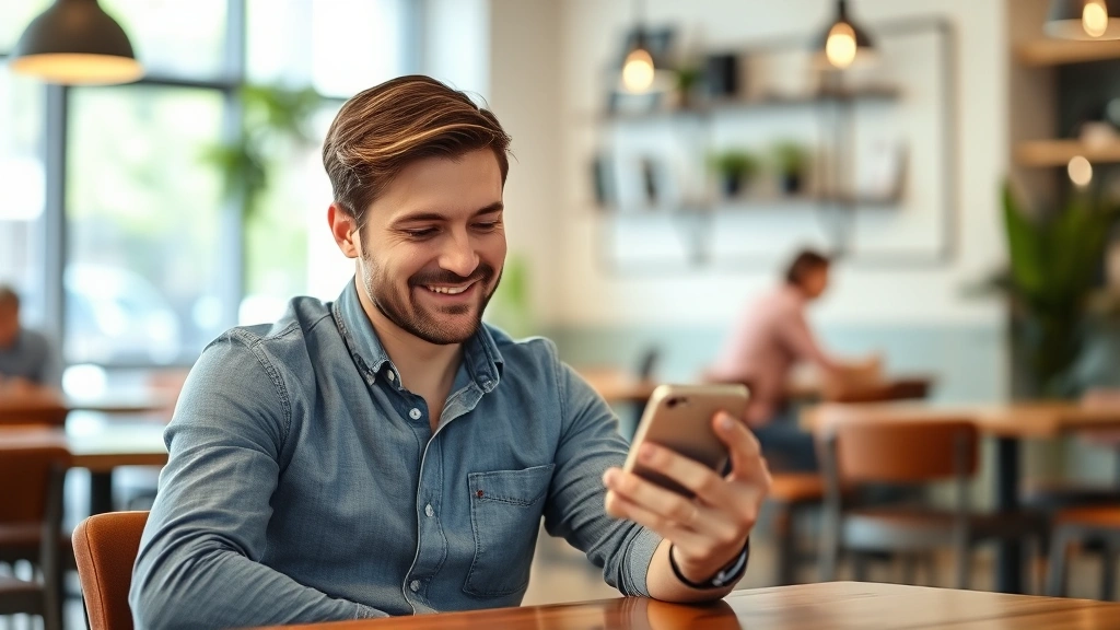 Someone checking their phone to monitor investment portfolio or savings growth, casual clothing, coffee shop or home setting, satisfied expression