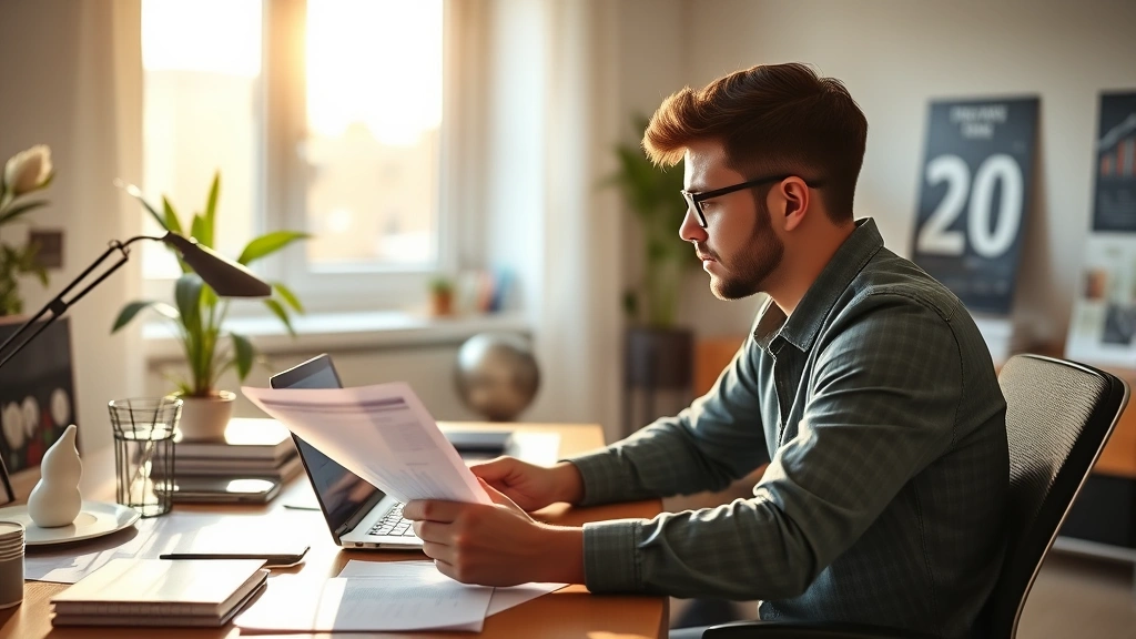 Young professional reviewing financial documents at their desk, laptop showing charts or graphs, feeling confident and in control, modern home office, morning sunlight, organized and peaceful workspace