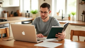 A person sitting at a kitchen table with a laptop and notebook, reviewing their monthly budget and expenses with a look of focused determination. Warm, natural lighting. Real, authentic moment.