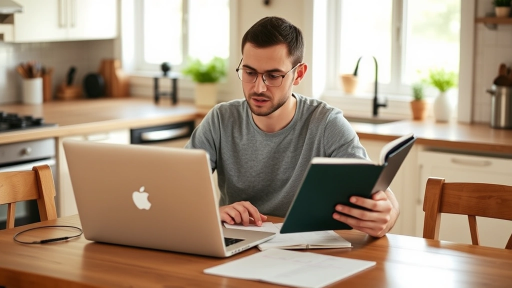 A person sitting at a kitchen table with a laptop and notebook, reviewing their monthly budget and expenses with a look of focused determination. Warm, natural lighting. Real, authentic moment.