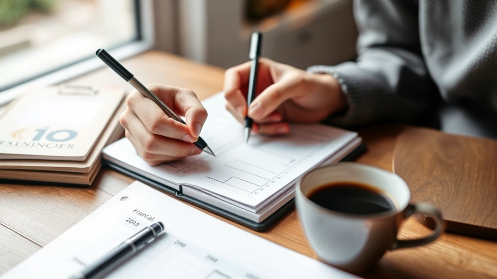Close-up of hands writing in a financial planner or notebook, with a cup of coffee nearby. Organized, calm workspace. Natural lighting from a window. Shows someone taking control of their finances.