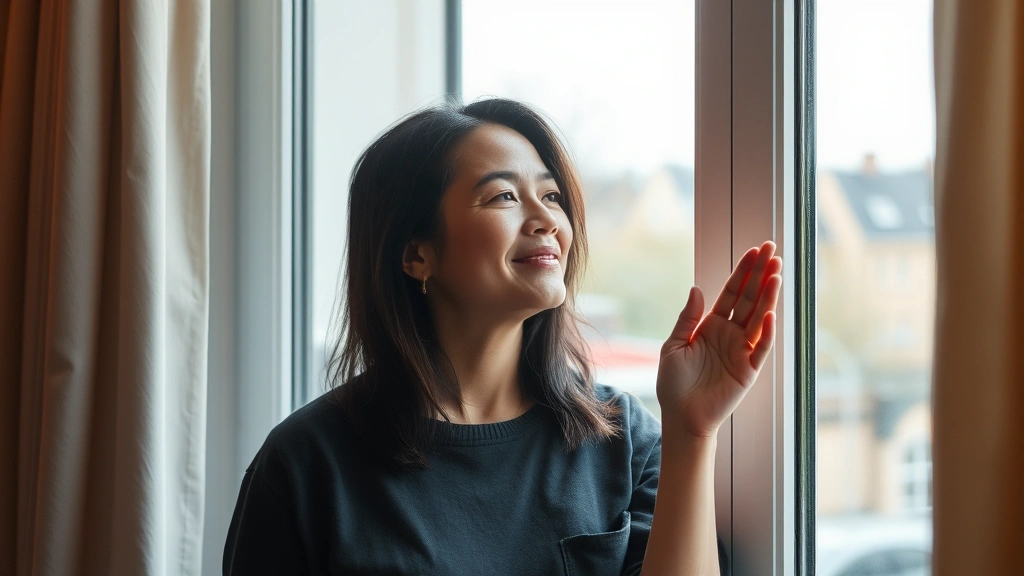 A person looking out a window with a peaceful, relieved expression. Soft natural light. Suggests financial peace and freedom. Could show someone in their apartment or home, representing security and stability.
