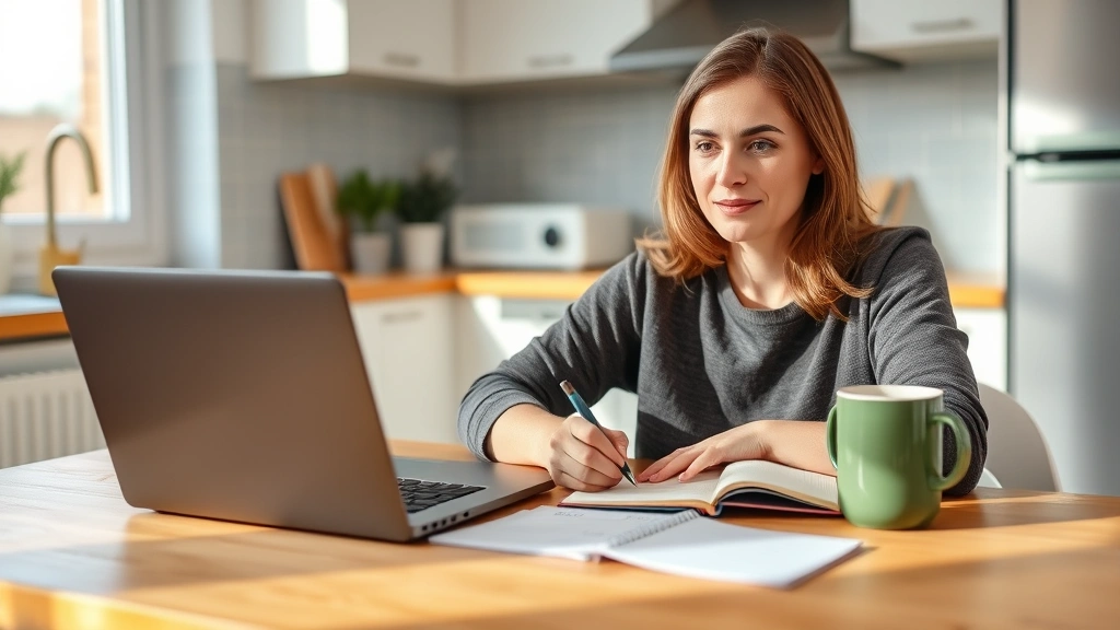 Person sitting at kitchen table with laptop and notebook, coffee mug nearby, writing down budget numbers, natural morning light, calm focused expression, cozy apartment setting