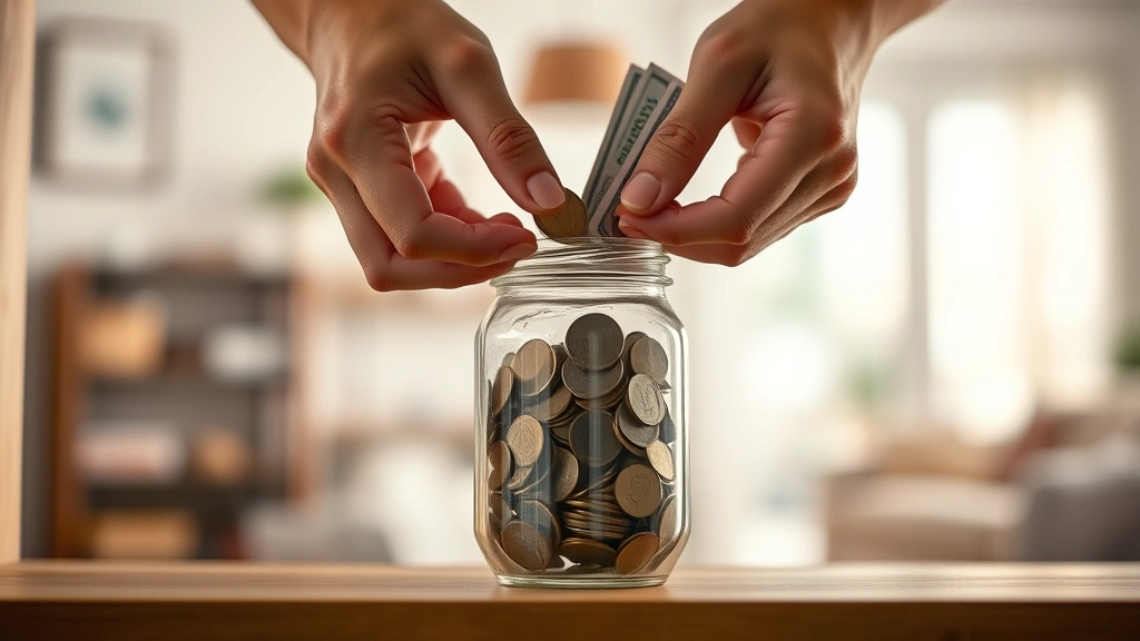 Close-up of hands holding coins and small bills being placed into a clear glass jar on a shelf, warm lighting, blurred background of home interior, hopeful mood
