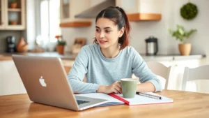 Young adult sitting at kitchen table with laptop, coffee mug, and notebook, looking at budget spreadsheet on screen with focused, determined expression, natural home lighting, warm and inviting atmosphere