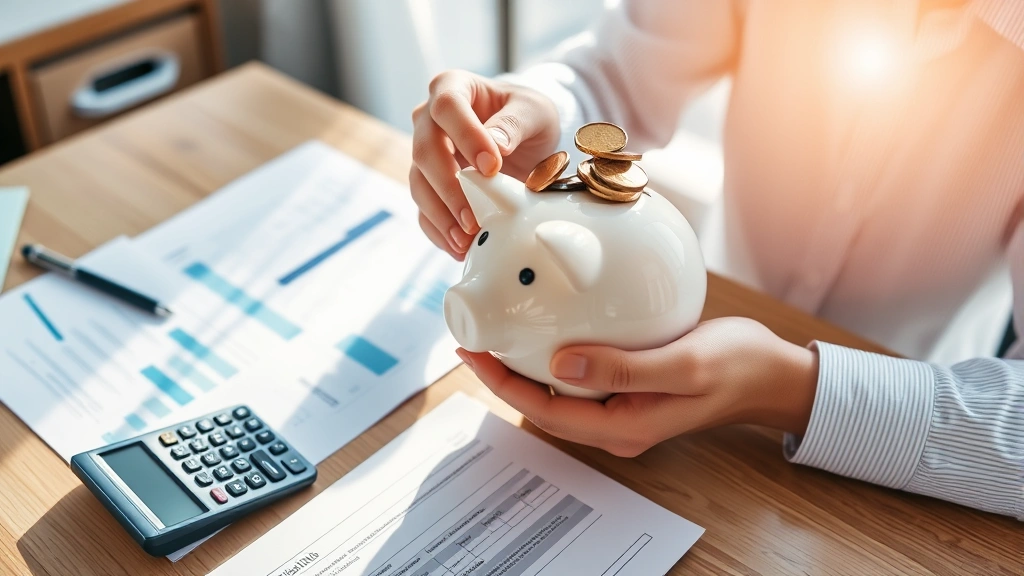 Person holding piggy bank and placing coins into it, surrounded by financial documents and a calculator on wooden desk, sunlight streaming through window, hopeful and optimistic mood
