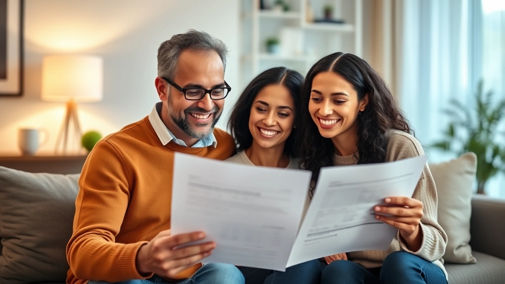 Diverse couple reviewing financial documents together at home, smiling with a sense of control and partnership, modern living room setting, warm lighting, showing collaboration and progress