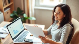 Young professional sitting at a home desk with a laptop, notepad, and calculator, looking focused and relieved while reviewing a budget spreadsheet. Natural lighting from a window, organized workspace, warm and hopeful mood.