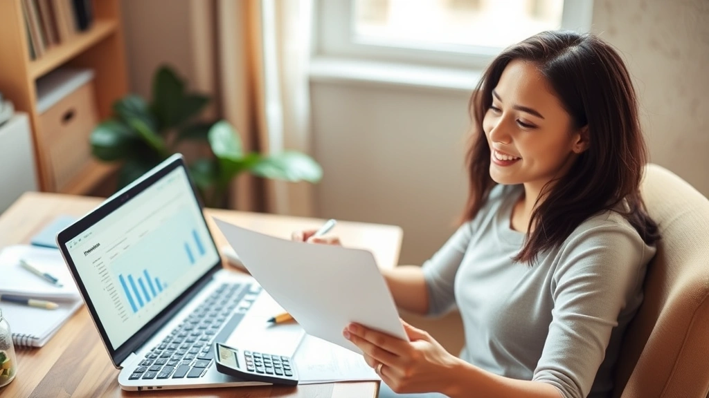 Young professional sitting at a home desk with a laptop, notepad, and calculator, looking focused and relieved while reviewing a budget spreadsheet. Natural lighting from a window, organized workspace, warm and hopeful mood.