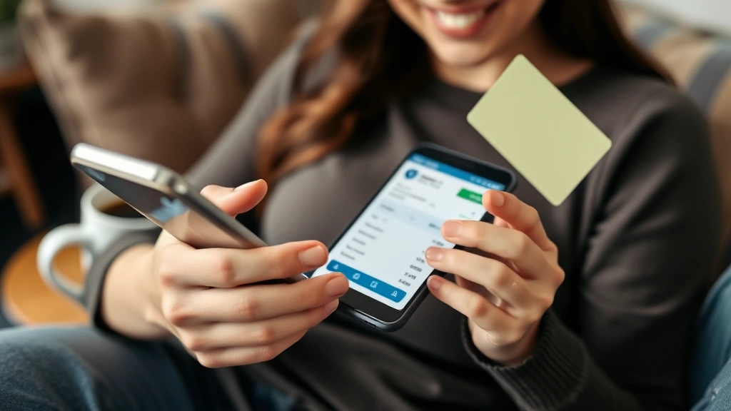 Close-up of hands holding a phone and credit card, person reviewing bank account balance with a slight smile, sitting in a comfortable home environment with a coffee cup nearby. Warm, candid, authentic moment of financial progress.