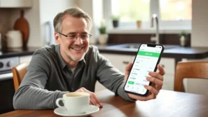 Person opening a bank app on their phone to check savings account balance, sitting at a kitchen table with coffee, natural morning light, relief and determination on their face