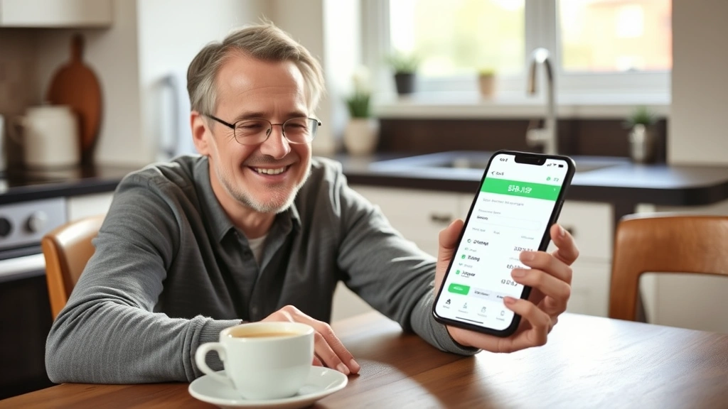 Person opening a bank app on their phone to check savings account balance, sitting at a kitchen table with coffee, natural morning light, relief and determination on their face