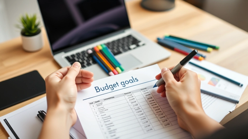 Hands holding a written budget plan and colored pen markers, organizing financial goals on a desk with a laptop nearby, warm home office setting