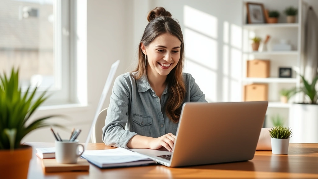 Young professional woman smiling while reviewing budget on laptop at home desk, natural lighting, warm and encouraging atmosphere