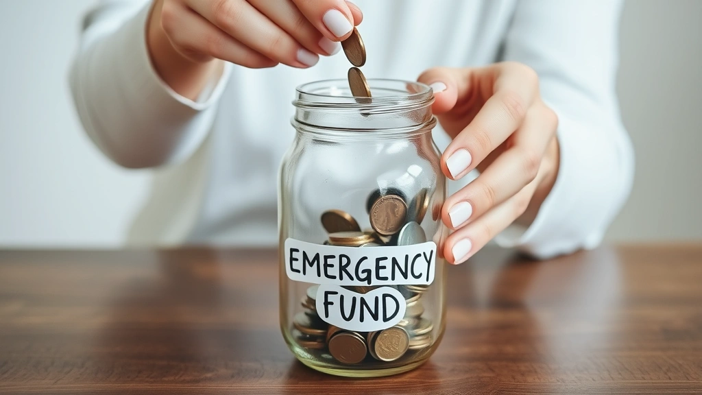 Close-up of hands placing coins into a clear glass jar labeled 'Emergency Fund' on a wooden table, minimalist style, hopeful feeling