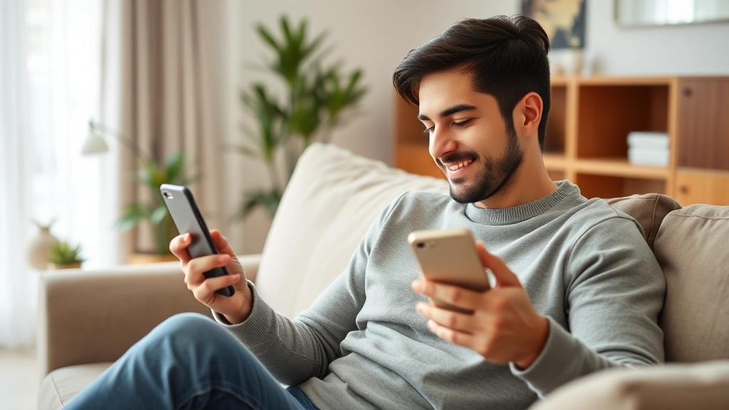 Person sitting on couch looking relieved while checking phone banking app, bright living room, sense of financial security and peace of mind