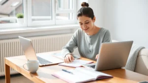 A person sitting at a coffee table with a laptop and notebook, looking focused and relieved while reviewing their budget, natural lighting from a window, calm organized workspace with a cup of tea nearby