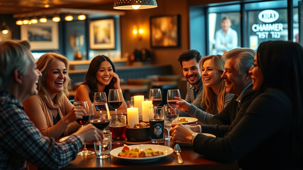 A diverse group of friends having dinner together, laughing and enjoying the moment, warm restaurant lighting, capturing genuine connection and joy without financial stress visible