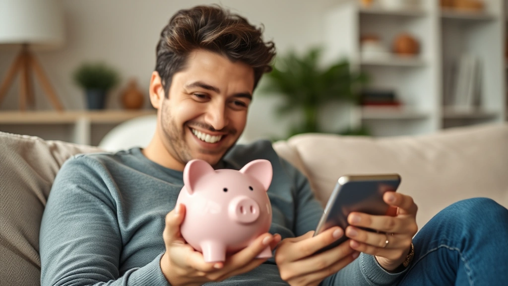 Someone holding a piggy bank or looking at a savings account on their phone with a genuine smile, sitting in a comfortable home setting, natural warm tones, feeling of accomplishment and progress