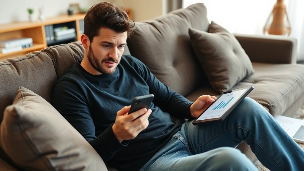 Person sitting on couch looking at smartphone with visible relief expression, tablet with budget charts nearby, modern living room, warm neutral tones