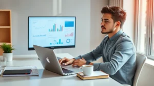 A young professional sitting at a modern desk with a laptop, notebook, and coffee mug, looking focused and relieved while reviewing financial documents and charts on screen, natural daylight from window, warm and encouraging atmosphere