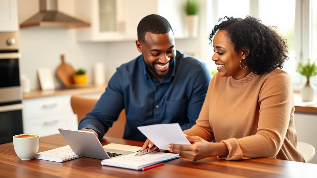 A diverse couple reviewing their budget together at a kitchen table with a calculator, pen, and notebook, smiling and nodding in agreement, warm home lighting, collaborative and positive energy