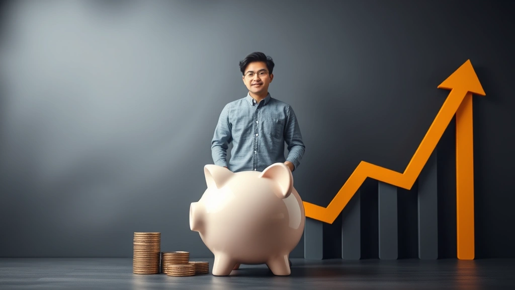 A person standing in front of a piggy bank with coins, looking hopeful and satisfied, surrounded by growth charts and upward trending arrows in background, modern minimalist style, motivational and empowering mood