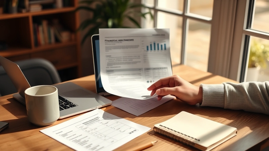 Person reviewing financial documents at a home desk with a laptop, coffee mug, and notebook, natural lighting, warm and focused atmosphere