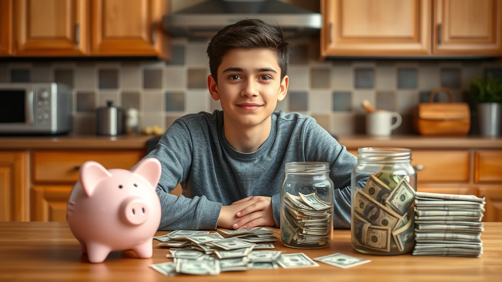 Young adult sitting at kitchen table with piggy bank, savings jar, and bills organized in piles, calm and determined expression