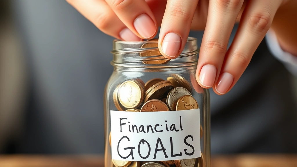 Hands placing coins into a jar labeled with financial goals, close-up shot showing progress and intentional saving habits