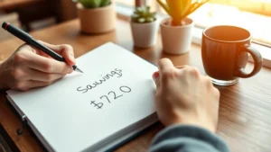 Close-up of someone's hands writing a savings goal amount in a notebook next to a coffee cup on a wooden desk, warm natural lighting, organized workspace with plants