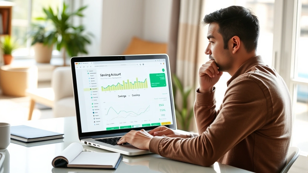 Person looking thoughtfully at laptop screen showing savings account dashboard, sitting in a bright home office with sunlight streaming through window, notebook open nearby