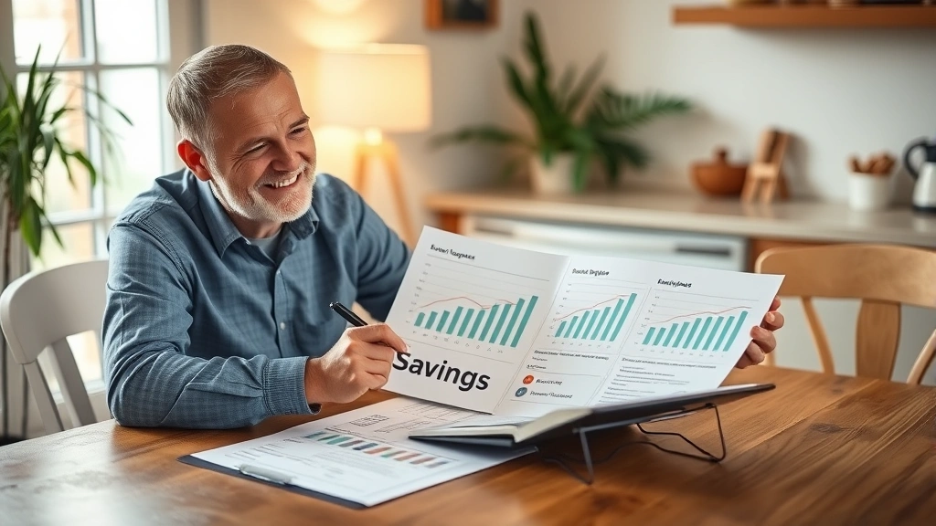 Adult at kitchen table reviewing printed savings progress charts and financial documents with a pen in hand, warm lamp light, satisfied expression, plants in background