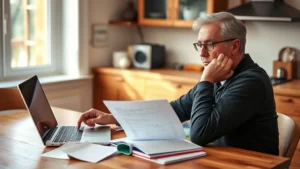 Person sitting at a kitchen table with a laptop and notebook, looking focused and determined while reviewing financial documents and planning. Natural lighting from a window, warm home environment, genuine expression of concentration and control.