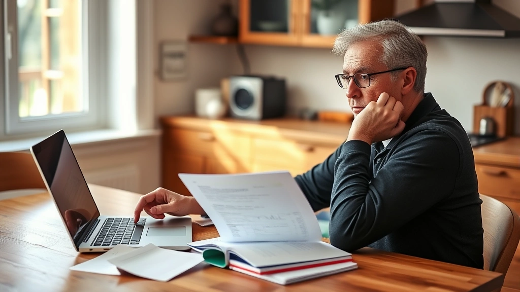 Person sitting at a kitchen table with a laptop and notebook, looking focused and determined while reviewing financial documents and planning. Natural lighting from a window, warm home environment, genuine expression of concentration and control.