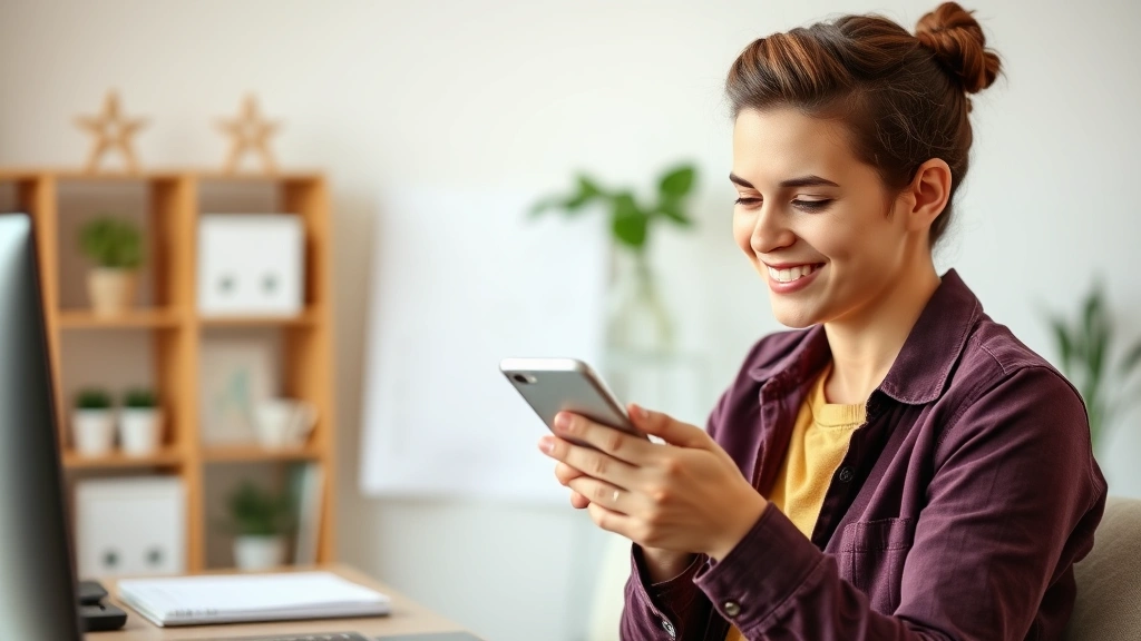 Young adult looking confident and relieved while checking their phone or computer screen showing account balances or financial progress. Natural office or home setting, genuine smile, sense of accomplishment and forward momentum.