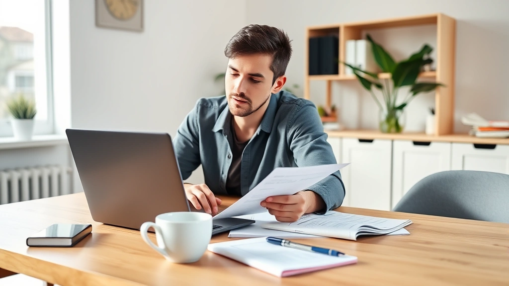 Young professional reviewing budget on laptop at home office desk with coffee, natural lighting, peaceful expression, notebook and pen nearby, modern minimalist workspace