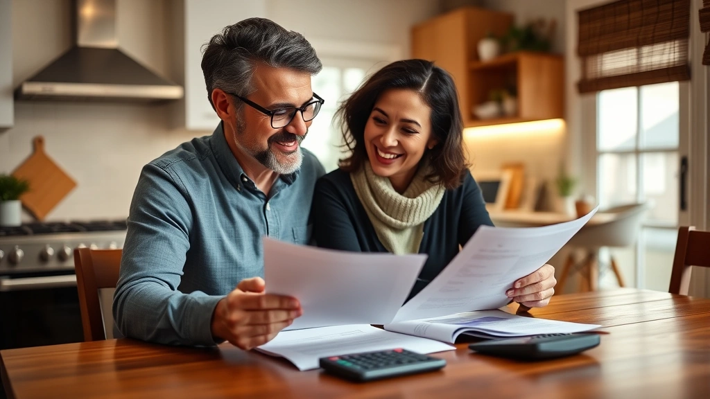 Diverse couple reviewing financial documents together at kitchen table, smiling, papers and calculator visible, warm home setting, collaborative moment, genuine happiness