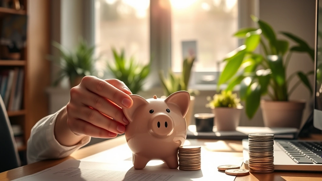 Person holding piggy bank with stack of coins nearby on desk, morning sunlight streaming through window, plants in background, hopeful expression, simple home office setup