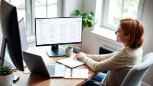 A person sitting at a desk with a laptop, notebook, and coffee cup, looking focused and satisfied while reviewing their budget on the computer screen. Natural lighting, calm home office setting, showing financial empowerment and clarity.