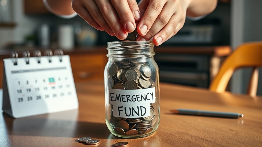 A close-up of hands placing coins into a clear glass jar labeled 'Emergency Fund' on a kitchen table, with a calendar and pen nearby. Warm, natural lighting emphasizing the tangible progress of saving money.