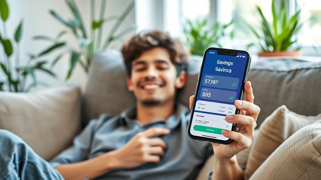 A young adult relaxing on a couch with a satisfied expression, holding a phone showing a savings app with growing balance, plants and natural light in background. Represents peace of mind and financial progress.